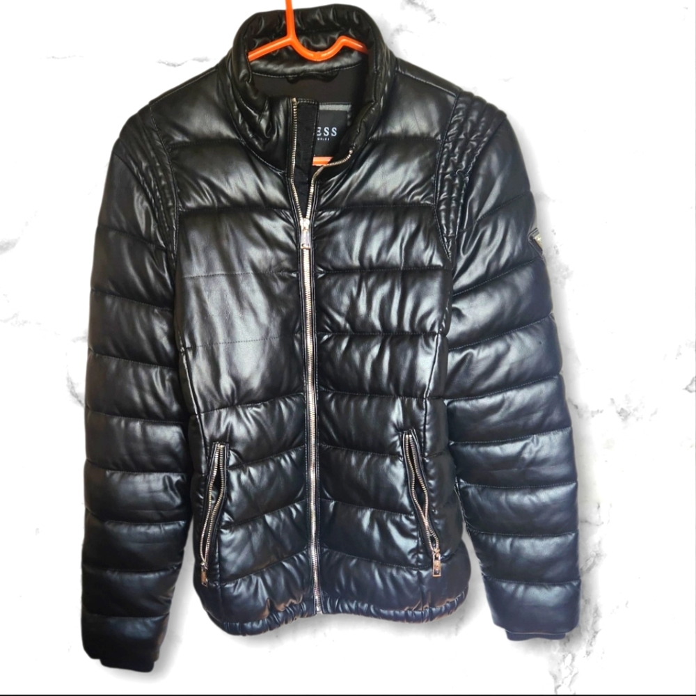 GUESS Los Angeles Premium Men's Sleek Black Puffy Jacket Size S Y2K Winter Retro